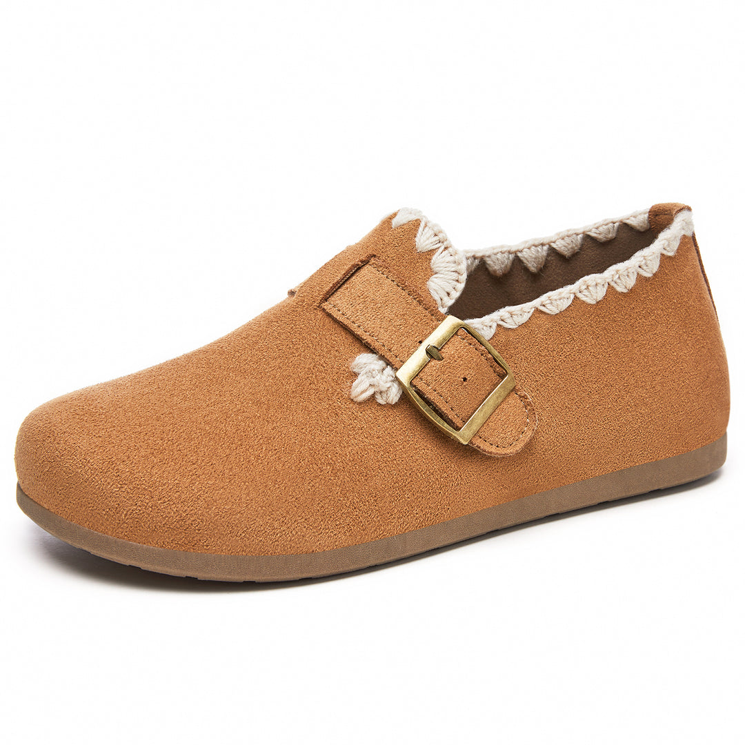 Damen nan kuschelige Mokassin-Slipper mit verstellbarem Schnallenriemen und gehäkelter Kantenverzierung Drune