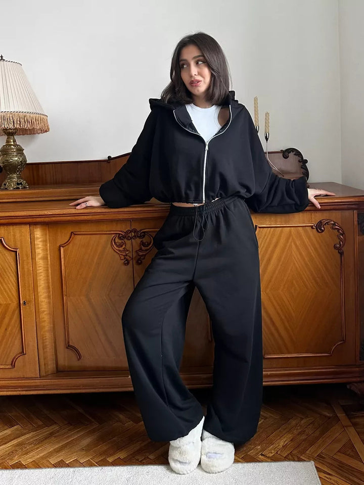 Damen nan cropped Reißverschluss-Hoodie mit Tunnelzugsaum und weitem Sweatpants-Schnitt Drune