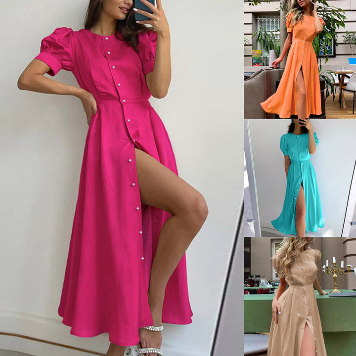 Damen Maxikleid mit eleganten Puffärmeln und hohem Schlitz Drune