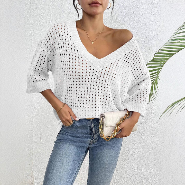 Damen luftiger Strickpullover mit V-Ausschnitt und dekorativem Lochmuster Drune