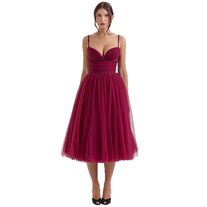 Damen Tüllkleid mit eleganter A-Linien Silhouette und verstellbaren Spaghettiträgern Drune