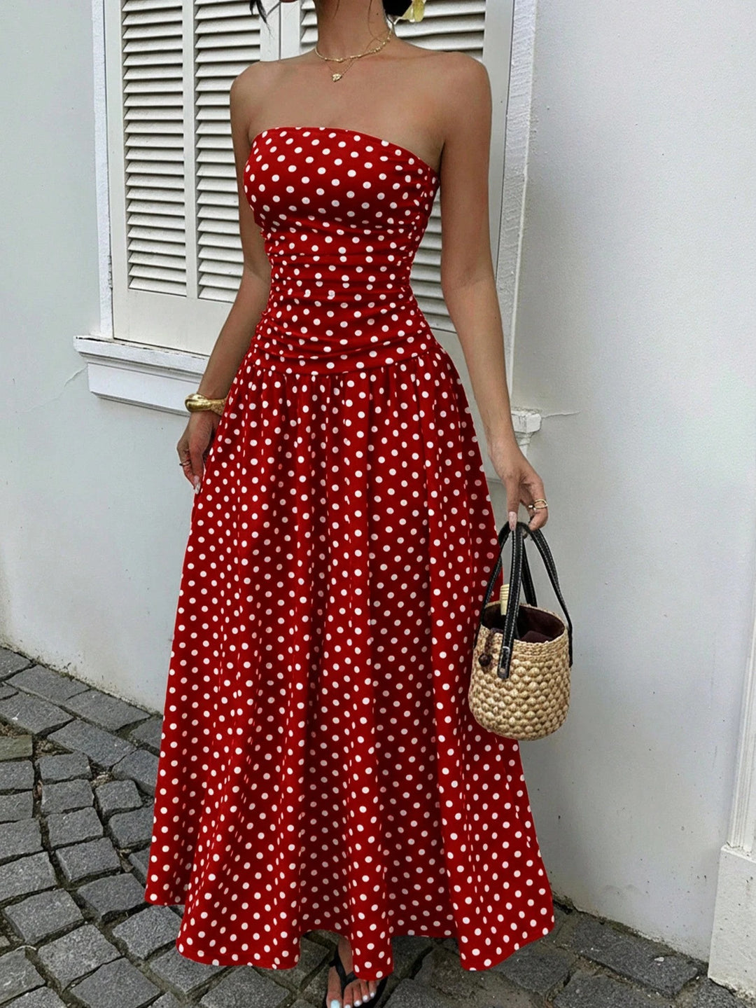Damen Maxikleid mit trägerlosem Design und Punktmuster Drune