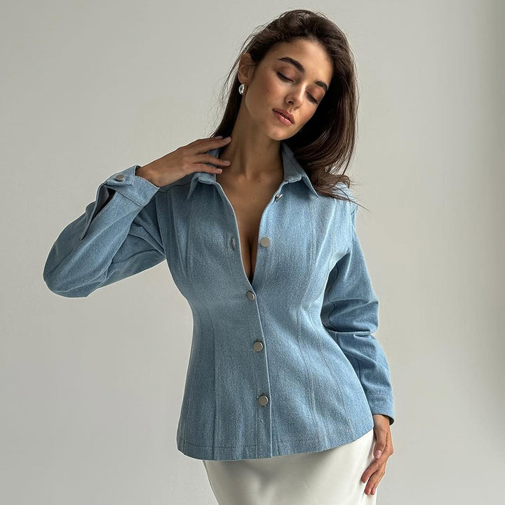 Damen taillierte Jeansbluse mit Knopfdetails Drune