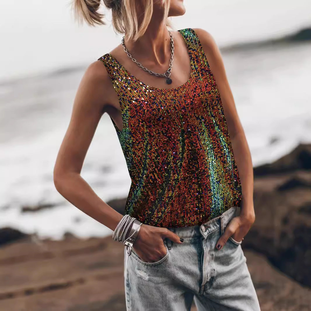 Damen Glitzerndes Top mit tiefem Rundhalsausschnitt und leichter A-Linie Drune