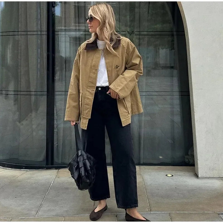 Damen Modische Baumwolljacke mit abnehmbarem Kragen Drune