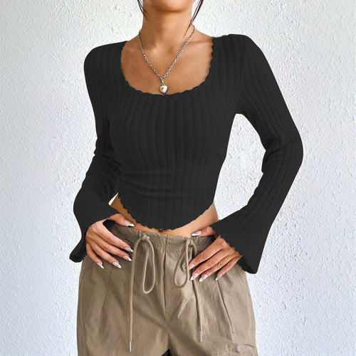 Damen Langarm-Crop-Top mit dekorativem Rippdesign und abgerundetem Saum Drune