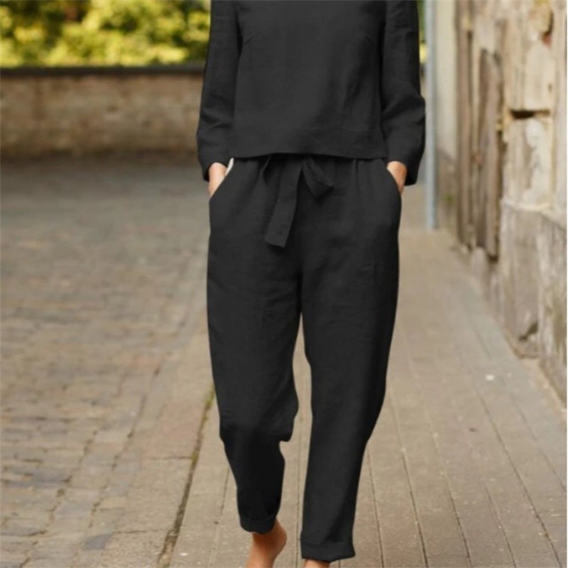 Damen Lässiges Zweiteiliges Leinen-Outfit mit breitem Bund Drune