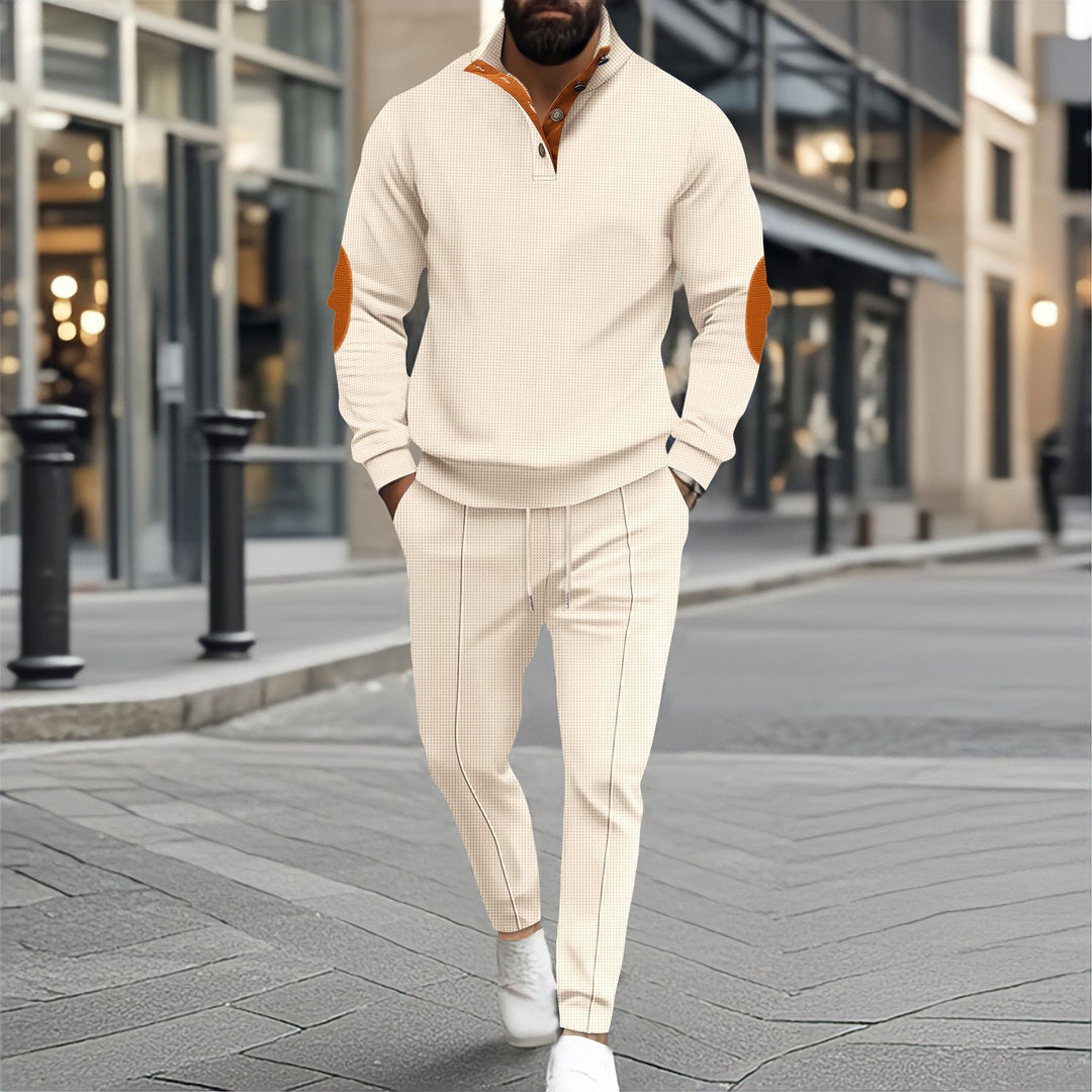 Herren nan feinstrukturiertes Halbkragen-Sweatshirt mit Knopfleiste, dekorativen Ellbogenpatches und legerem Saumabschluss Drune