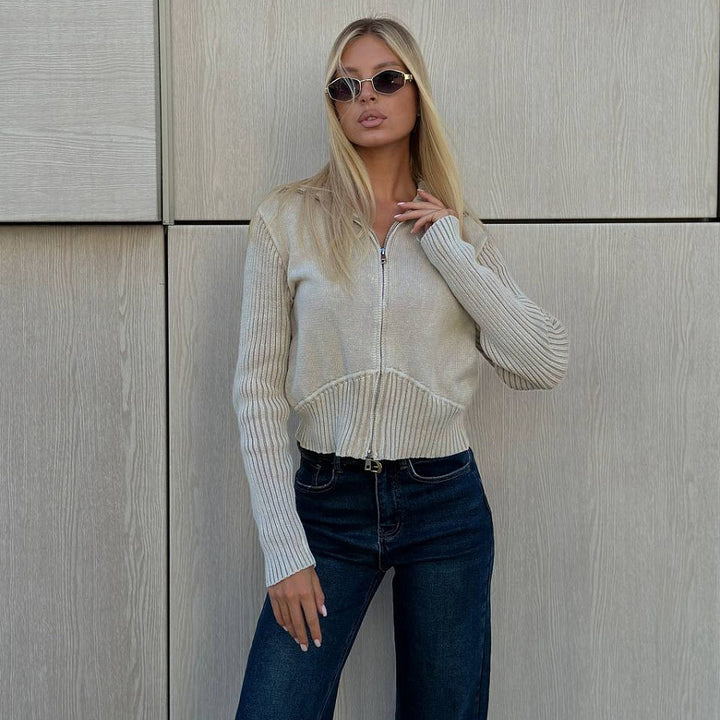 Damen kurzärmlige Strickjacke mit Reißverschluss und Rippstruktur Drune