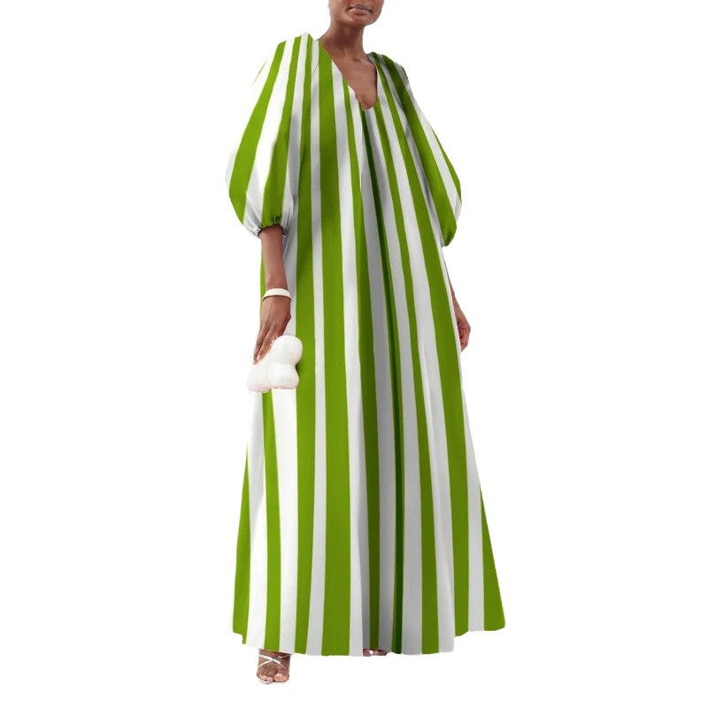 Damen gestreiftes Maxikleid mit Puffärmeln Drune
