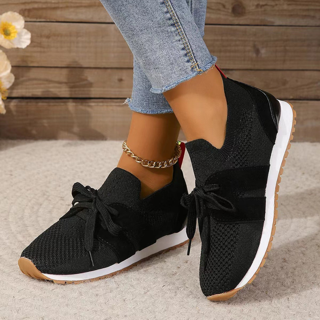 Damen nan gestrickter Slip-On Sneaker mit dekorativer Schnürung, gepolstertem Komfortfußbett und rutschfester Gummiprofilsohle Drune