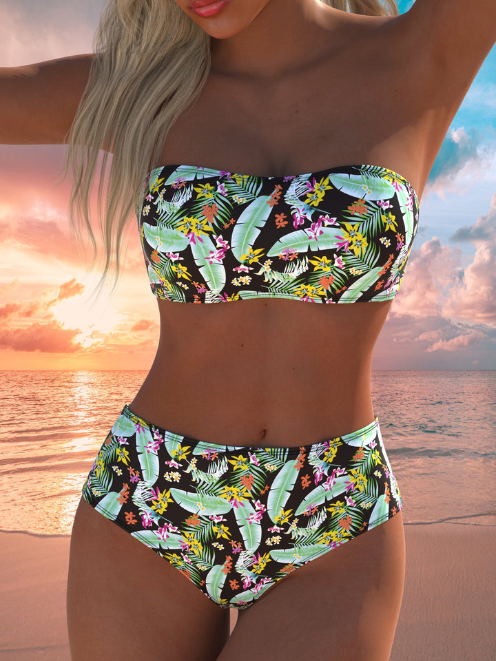 Damen Bandeau-Bikini mit hochgeschnittenen Pants und buntem Bedruck Drune
