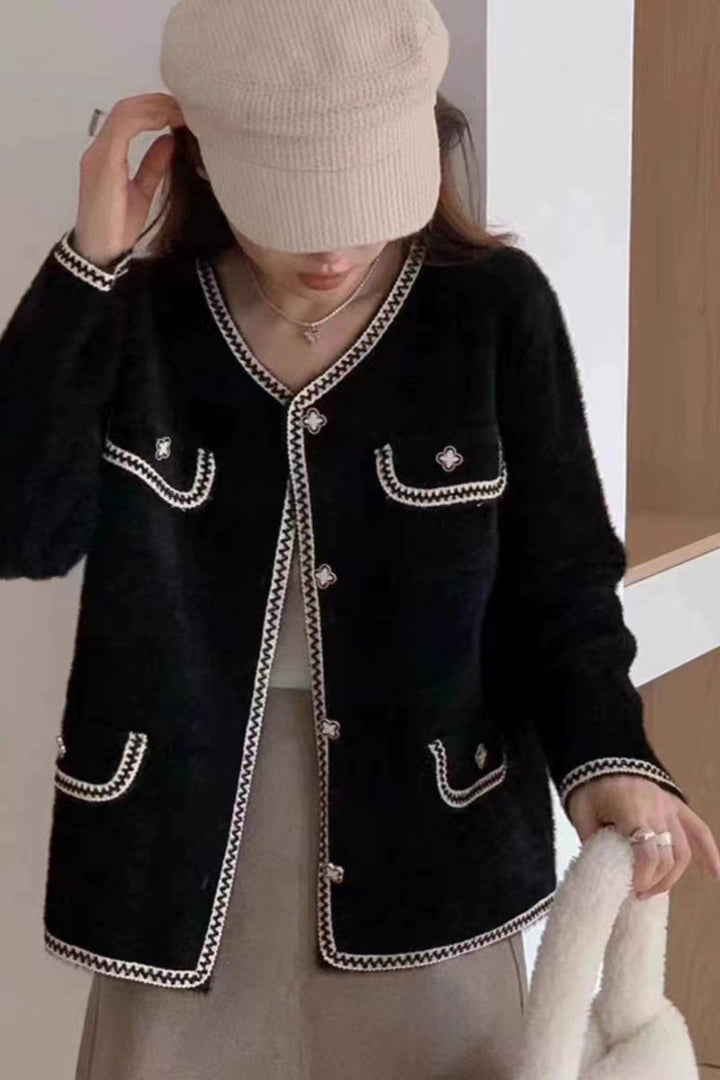 Damen elegante Strickjacke mit Kontrastnähten und Taschen Drune