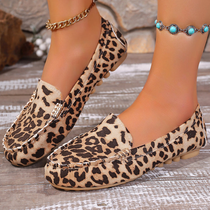 Damen nan Mokassin-Loafer mit Leopardenmuster, dekorativer Ziernaht und flexibler Noppenlaufsohle Drune