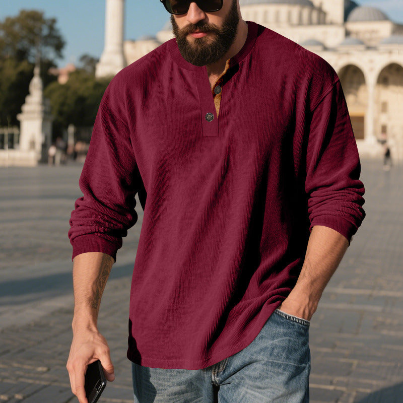 Herren Langarm-Henley-Shirt mit strukturiertem Material und modischen Knopfdetails Drune