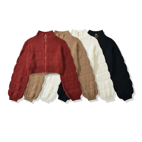 Damen Cropped Strickjacke mit dekorativem Reißverschluss und voluminösen Ärmeln Drune