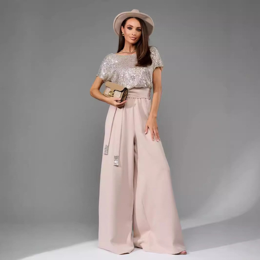 Damen Glamouröses Overalls mit glitzerndem Oberteil und weit geschnittenen Hosen Drune