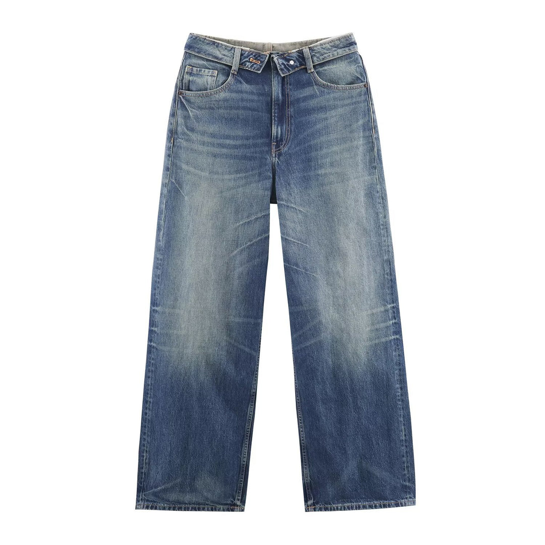 Damen nan weite hochgeschnittene Vintage-Jeans mit Destroyed-Effekten Drune