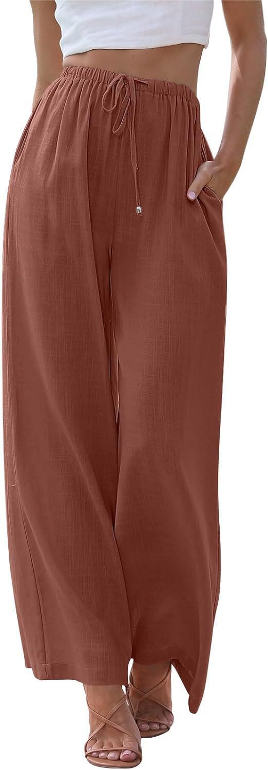 Damen nan weite Leinenhose mit elastischem Bund Kordel und Seitentaschen Drune