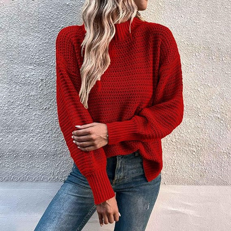 Damen Grobstrickpullover mit hohem Kragen und ballonförmigen Ärmeln Drune