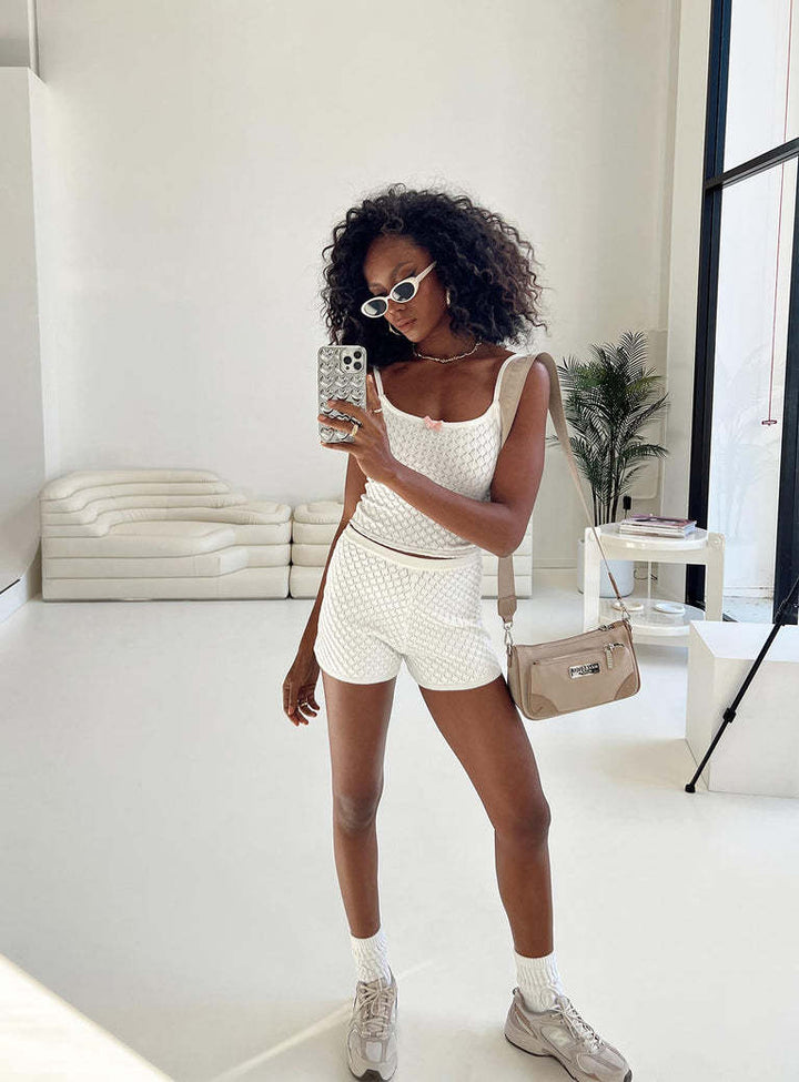 Damen Lounge Set mit strukturiertem Oberteil und kurzen Hosen Drune