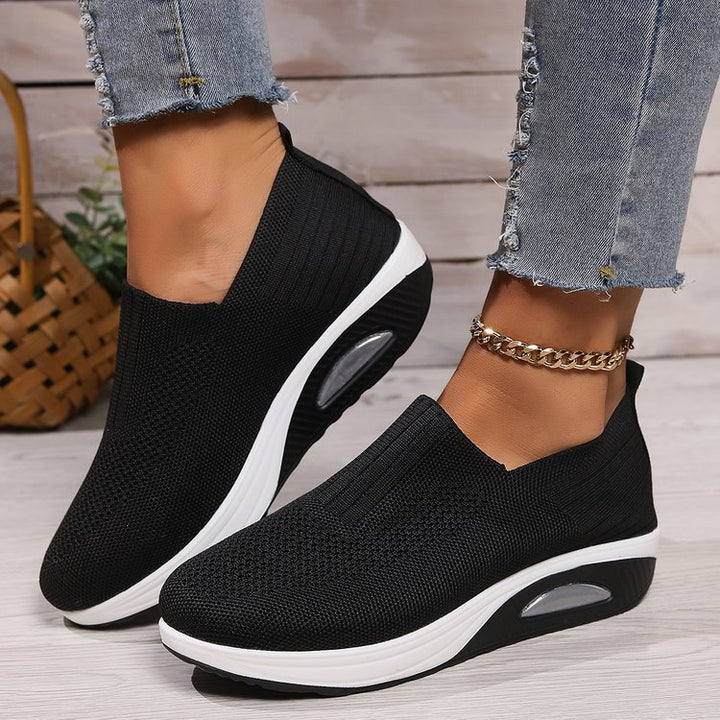 Damen nan elastische Strick-Slipper mit ergonomischer Keilsohle und sichtbarer Luftpolsterkapsel Drune