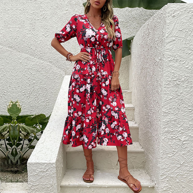 Damen Blumenkleid mit tiefem V-Ausschnitt und elastischem Taillenzug Drune