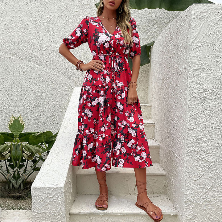 Damen Blumenkleid mit tiefem V-Ausschnitt und elastischem Taillenzug Drune