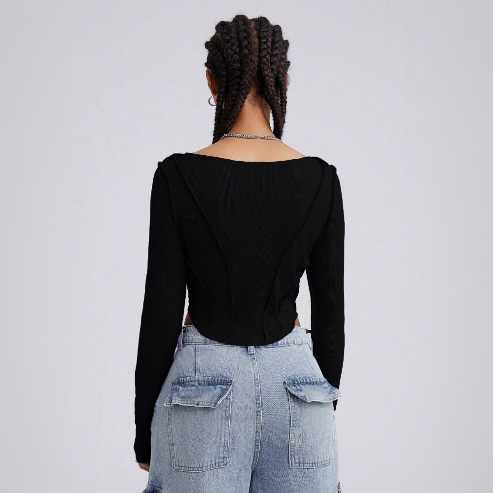 Damen Langarm-Bodysuit mit tiefem V-Ausschnitt und raffinierten Cut-Out-Details Drune
