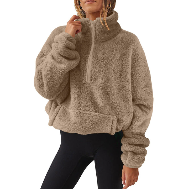 Damen nan Oversize-Halbzip Teddy-Fleecepullover mit Kängurutasche und hohem Stehkragen Drune