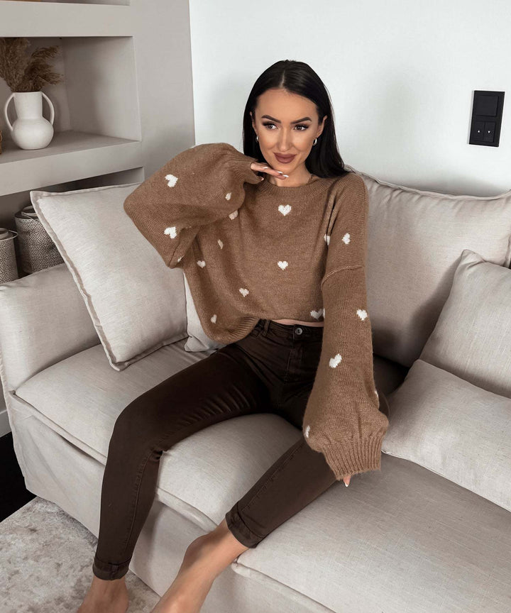Damen kuscheliger Strickpullover mit Herzmotiv und weitem Schnitt Drune