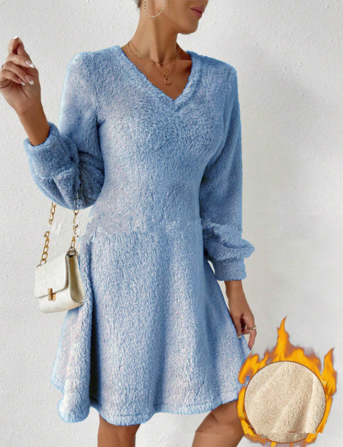 Damen Flauschiges V-Ausschnitt Kleid mit langen Ärmeln Drune