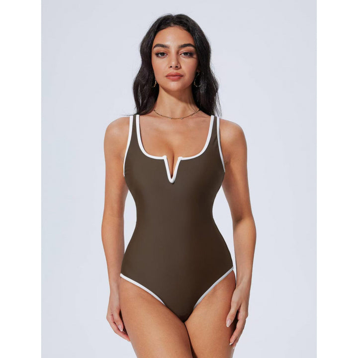 Damen Einteiliger Badeanzug mit tiefem V-Ausschnitt und kontrastierenden Details Drune