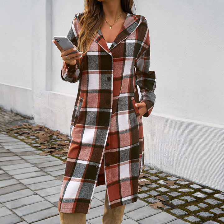 Damen nan lockeres Kapuzen-Hemdkleid mit karierter Flanelloptik, durchgehender Knopfleiste und hohem Beinschlitz Drune