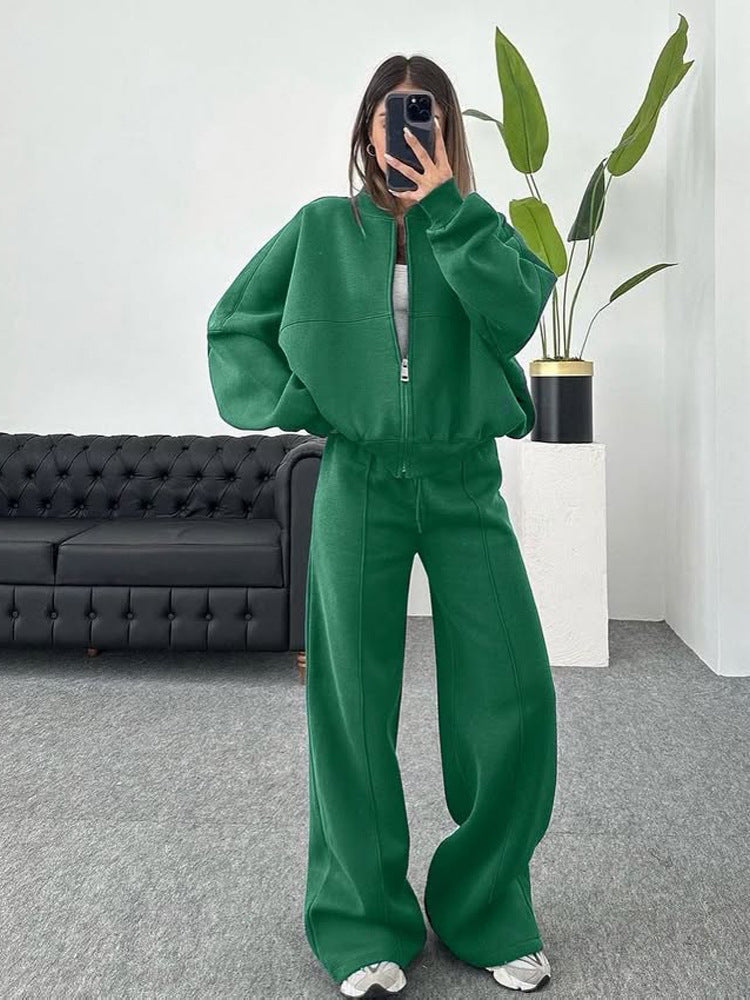 Damen nan Oversize Reißverschlussjacke mit weiter High-Waist Loungehose Set Drune