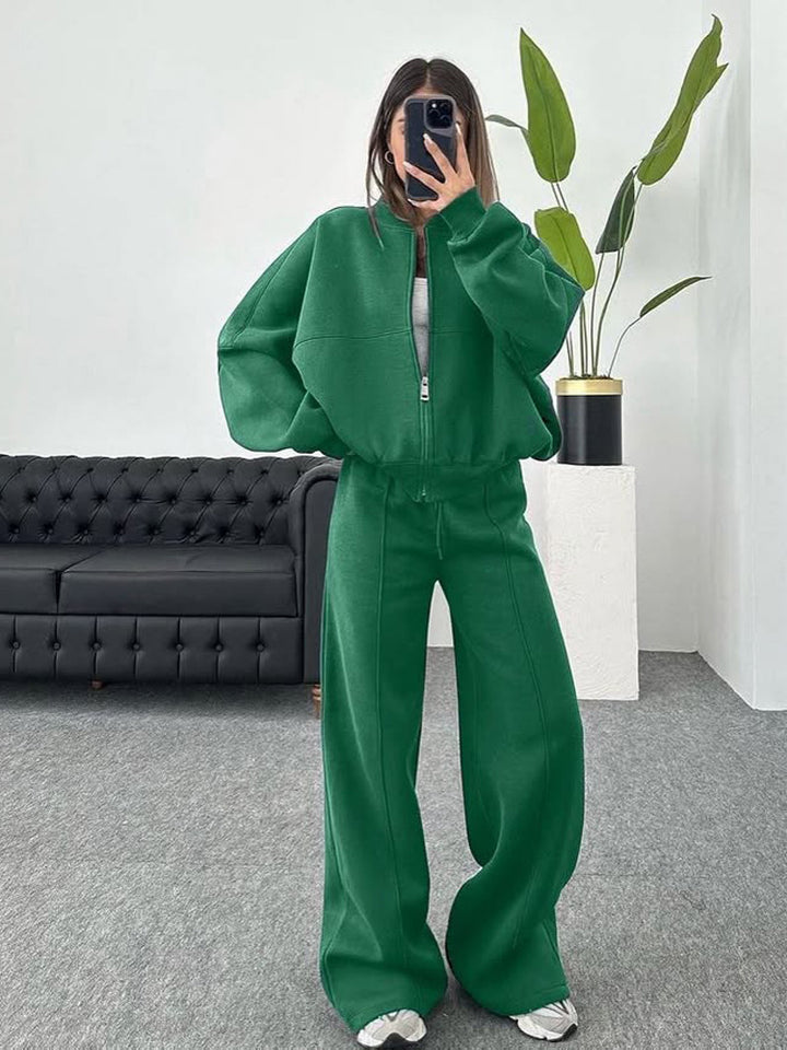 Damen nan Oversize Reißverschlussjacke mit weiter High-Waist Loungehose Set Drune