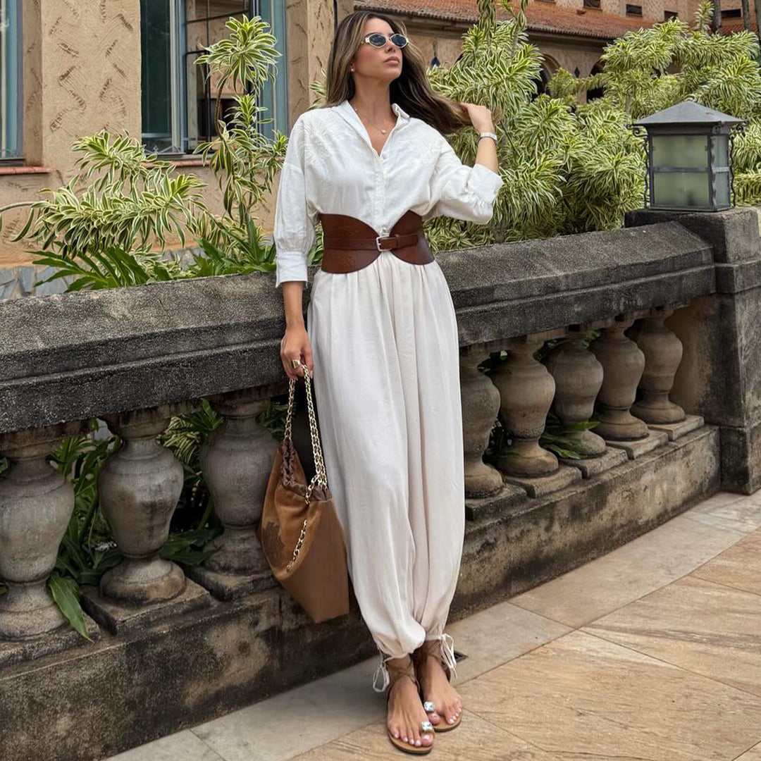 Damen voluminöser Jumpsuit mit eleganter Knopfbluse und Taillengürtel Drune