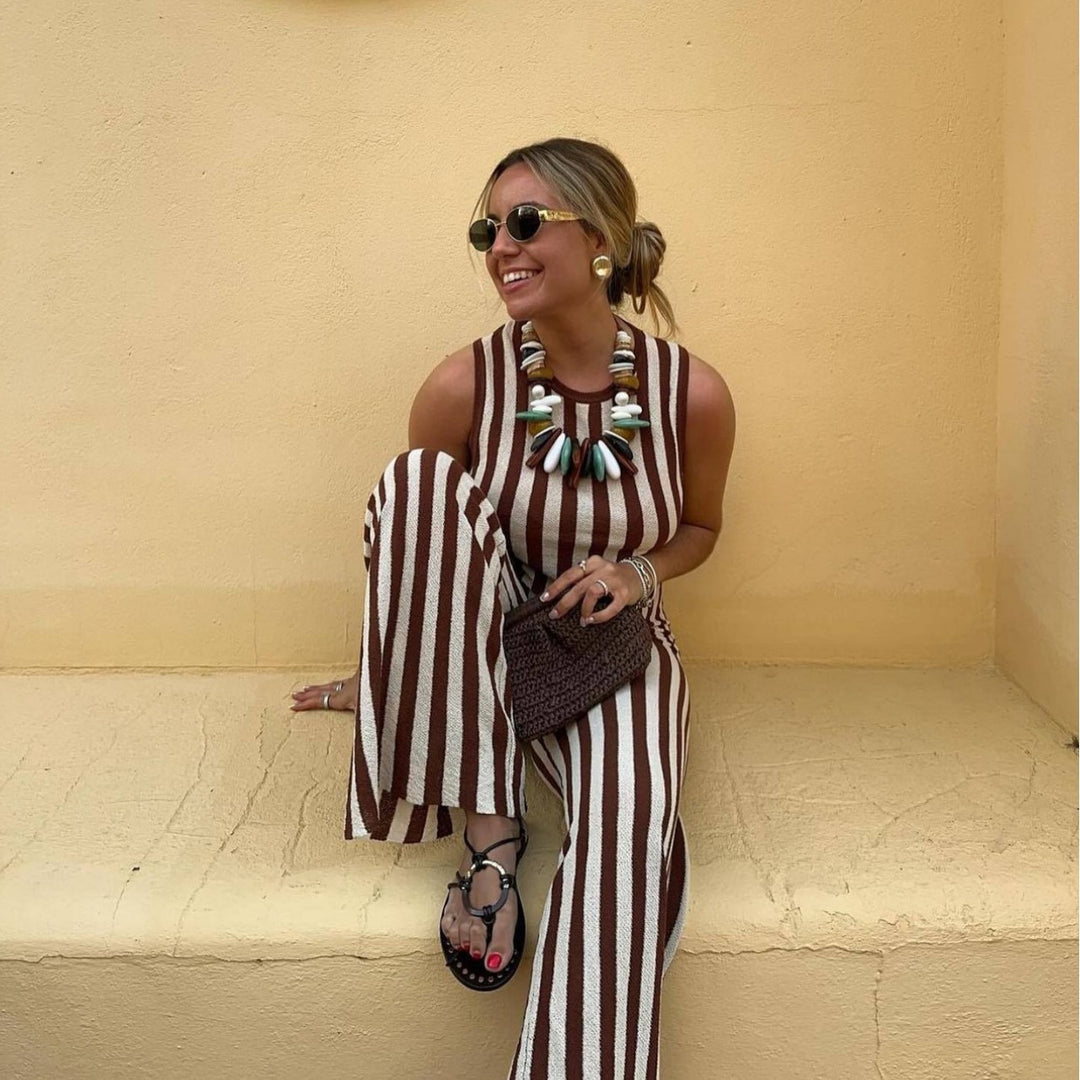 Damen lässiger Jumpsuit mit gestreiftem Design und hohem Bund Drune