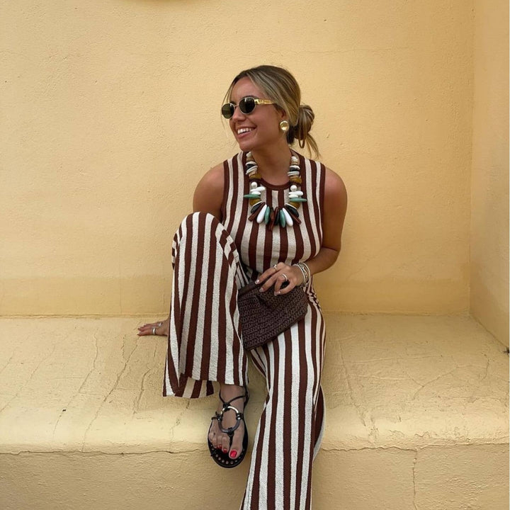 Damen lässiger Jumpsuit mit gestreiftem Design und hohem Bund Drune