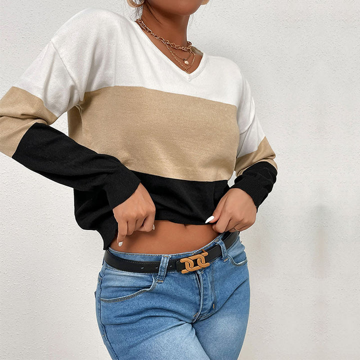 Damen lässiger V-Ausschnitt Pullover mit Farbblock-Design Drune