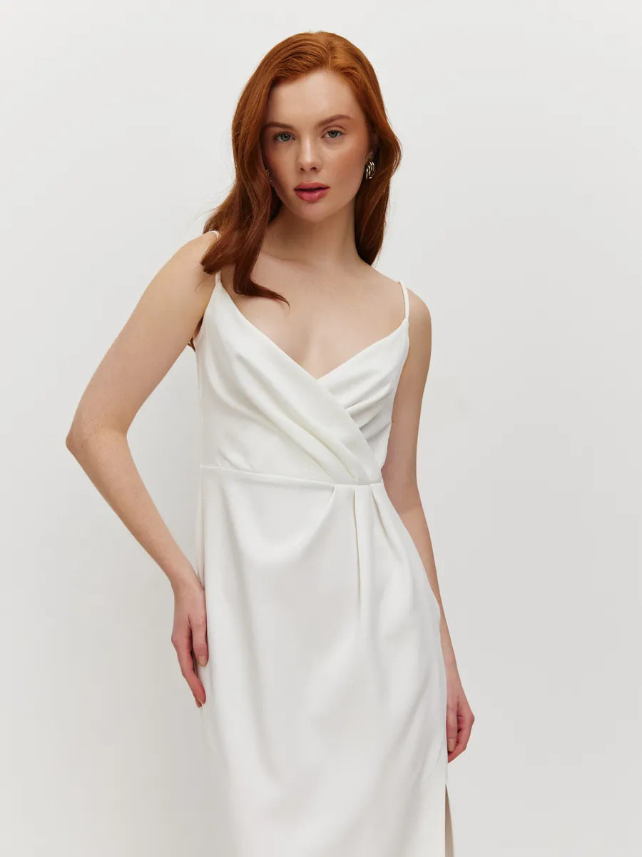 Damen elegantes Wickelkleid mit verstellbaren Trägern und schickem Frontschlitz Drune