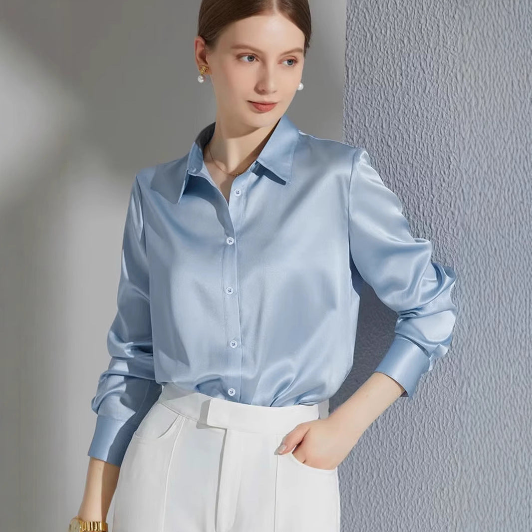 Damen Luxus Satin-Bluse mit elegantem Kragen und weichen Ärmeln Drune