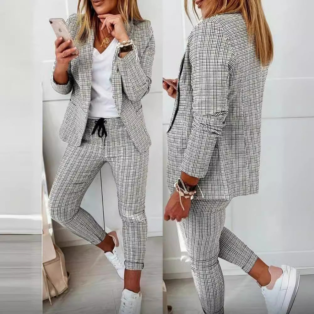 Damen nan zweiteiliges Karomuster Business-Casual Blazer-Set mit elastischer Bundhose Drune