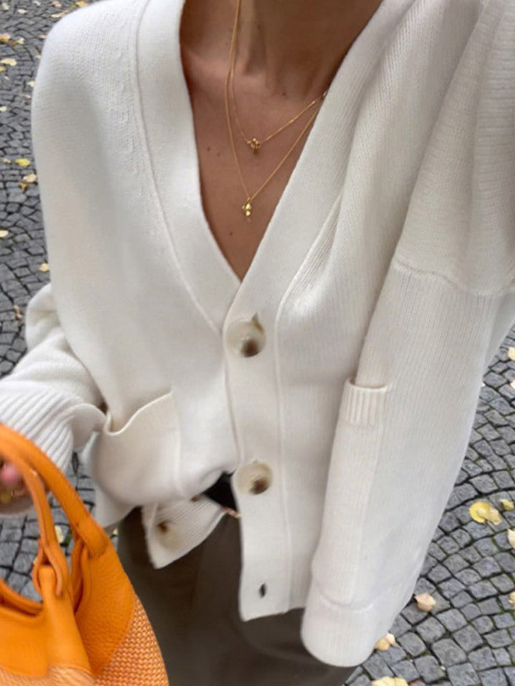 Damen lässige Strickjacke mit tiefem V-Ausschnitt und praktischen Taschen Drune