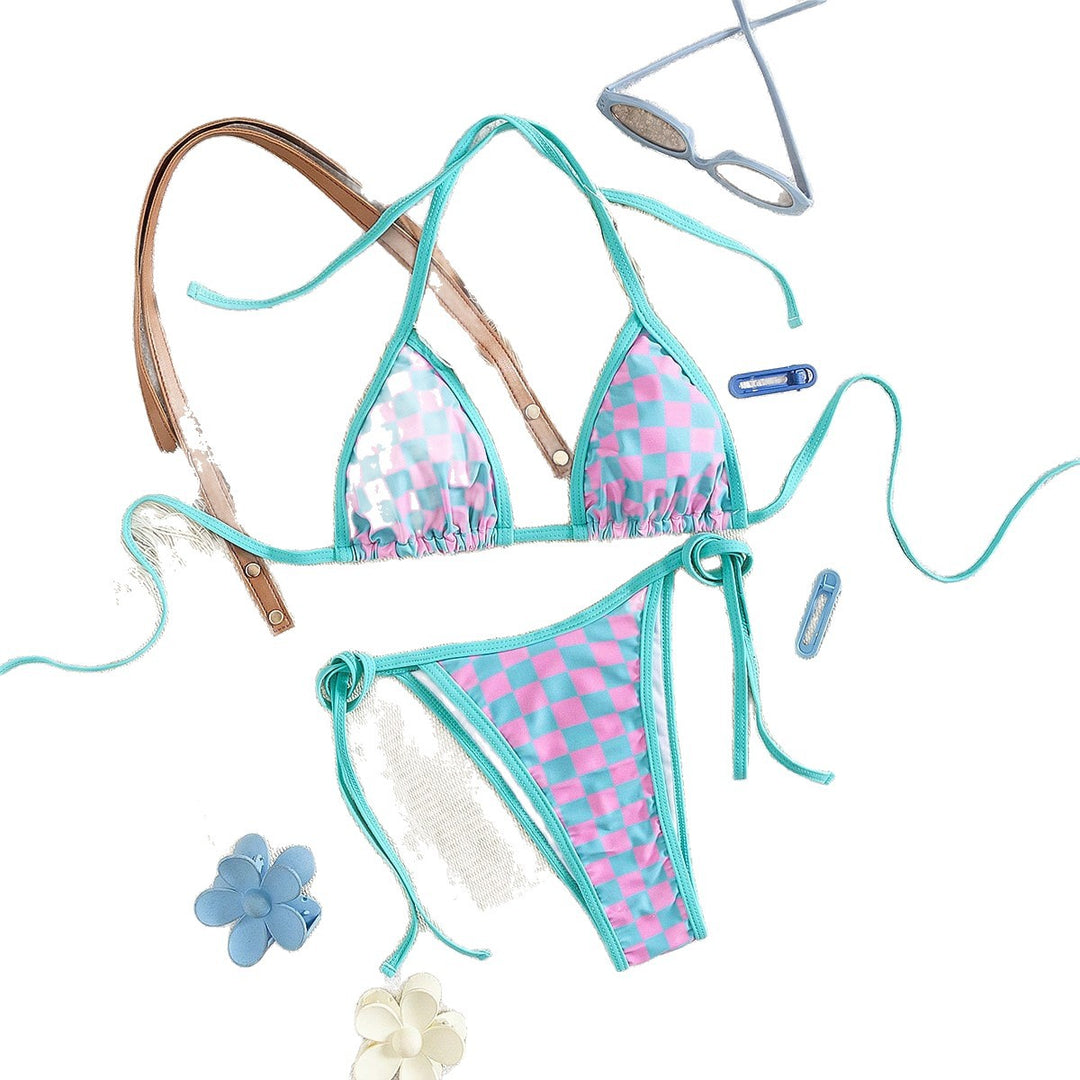 Damen Triangel-Bikini mit Karomuster und raffinierten Bindebändern Drune