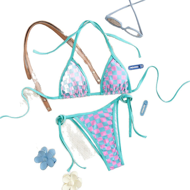 Damen Triangel-Bikini mit Karomuster und raffinierten Bindebändern Drune