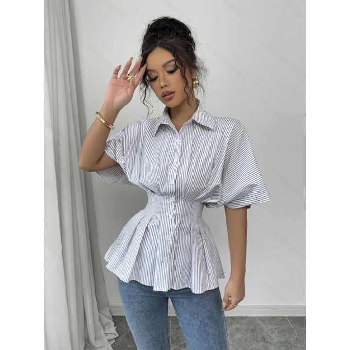Damen taillierte Bluse mit Puffärmeln und Streifenmuster Drune