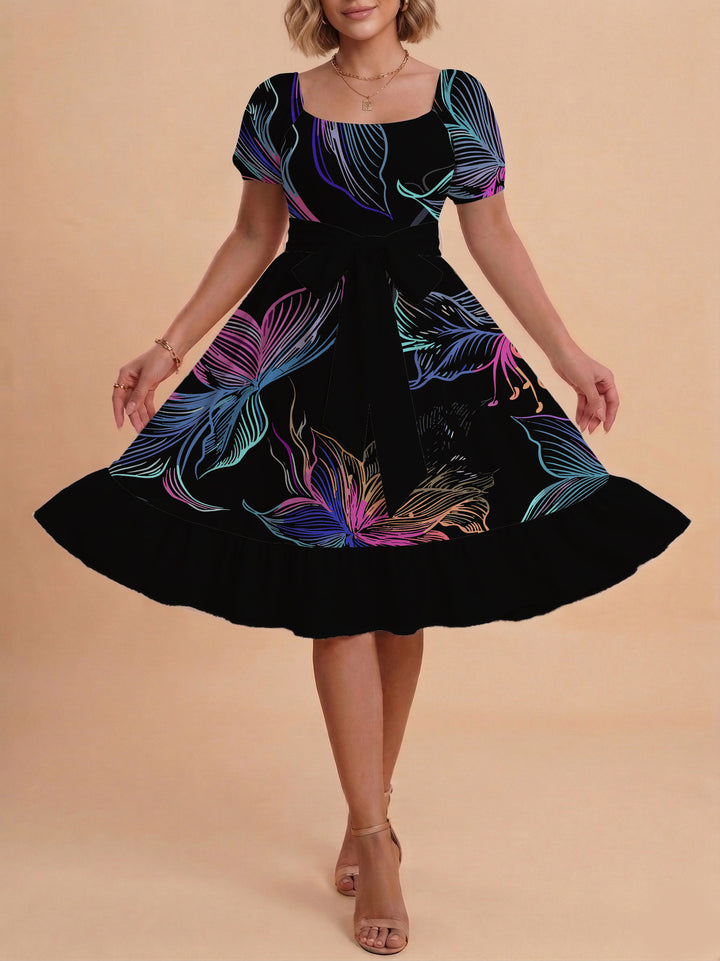 Damen modernes Blumenkleid mit elegantem Taillengürtel und asymmetrischem Saum Drune