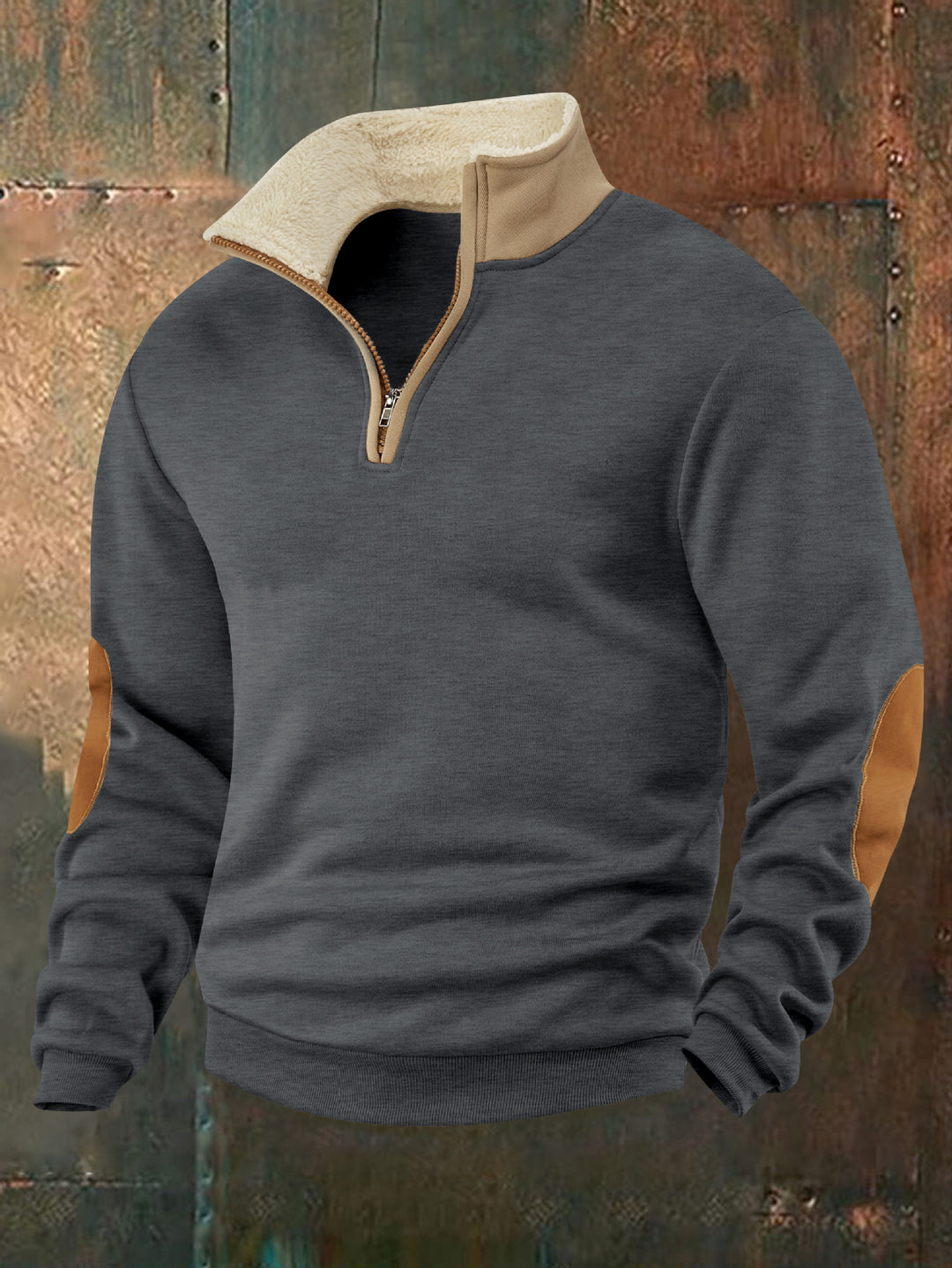 Herren nan Sherpa-gefütterter Halbzip-Pullover mit Stehkragen und Leder-Ellenbogenpatches Drune