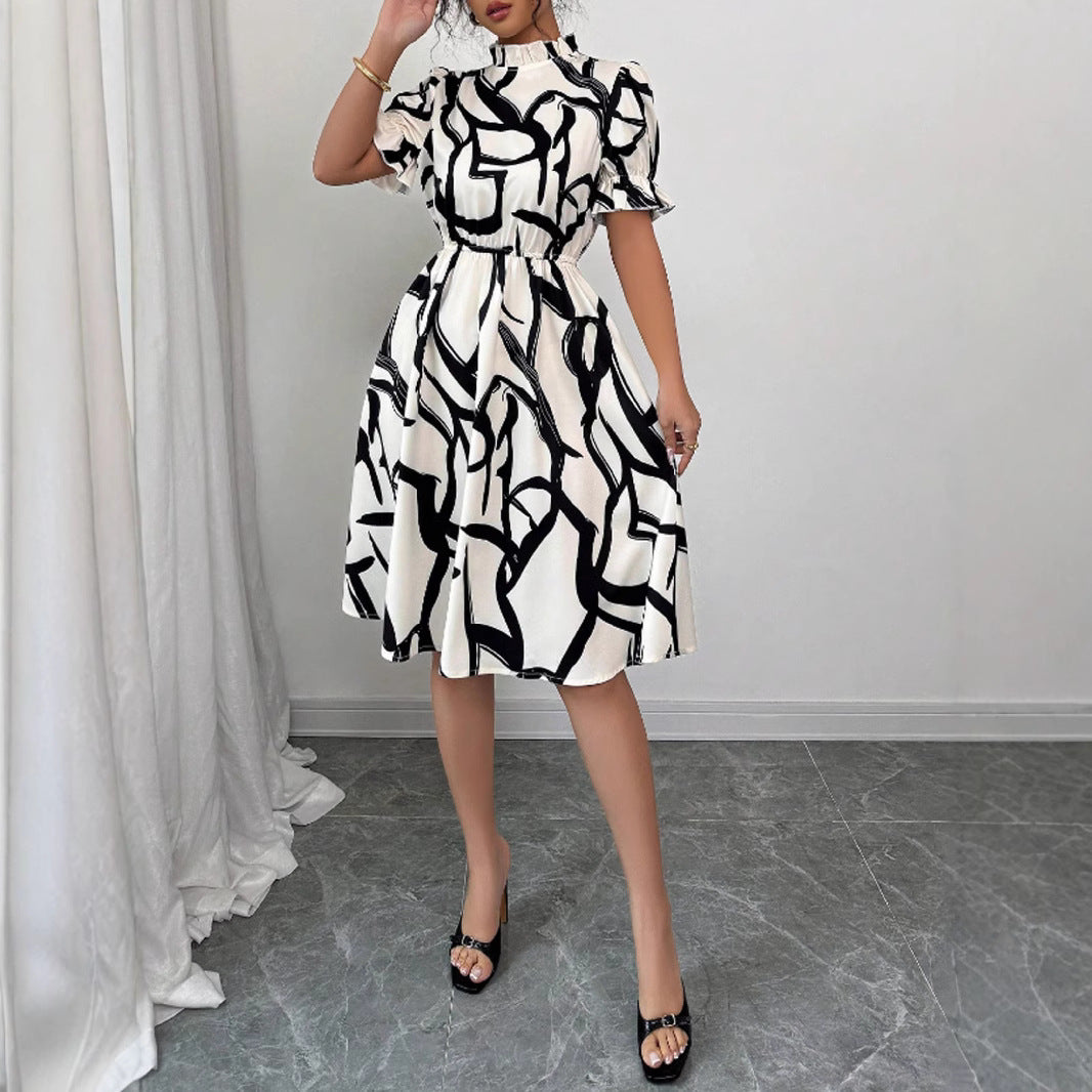 Damen Elegantes Midi-Kleid mit modischem Pflanzenmuster und Gummizug in der Taille Drune